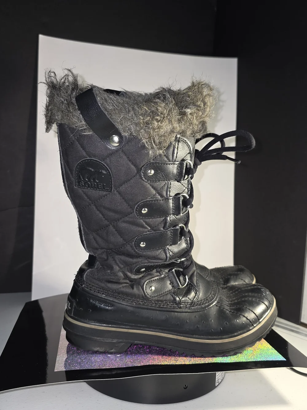 Sorel Tofina II Black Stone Waterproof Faux-Fur Trim Lace-Up Winter Boots Sz 7.5